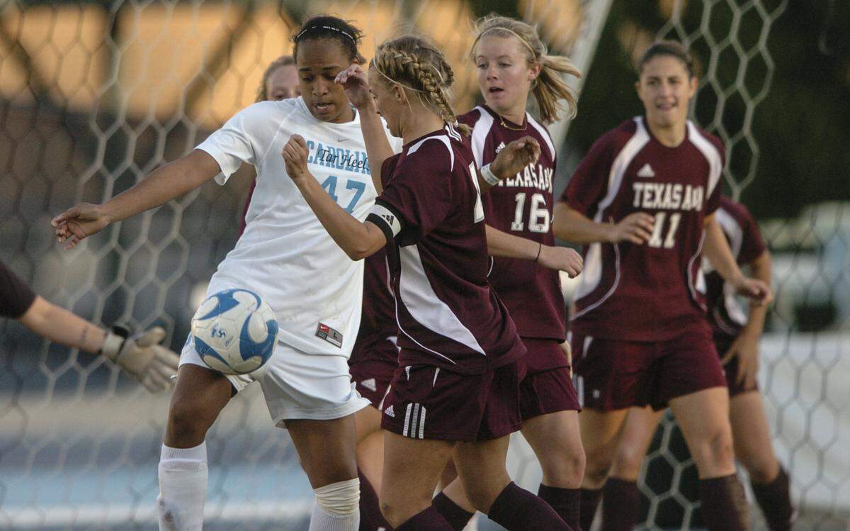 UNC’s Jessica McDonald (47) battles for the ball as the Tar Heels face Texas A&M Nov. 28, 2008 in Chapel Hill.