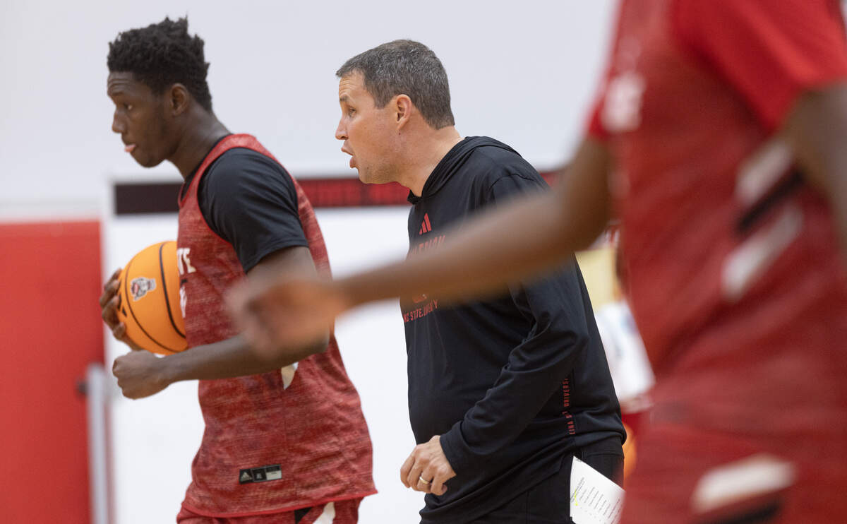 N.C. State head coach Will Wade gives instructions during his team’s first official practice on Monday, Sept. 22, 2025, in Raleigh, N.C. at Dail Basketball Center. 