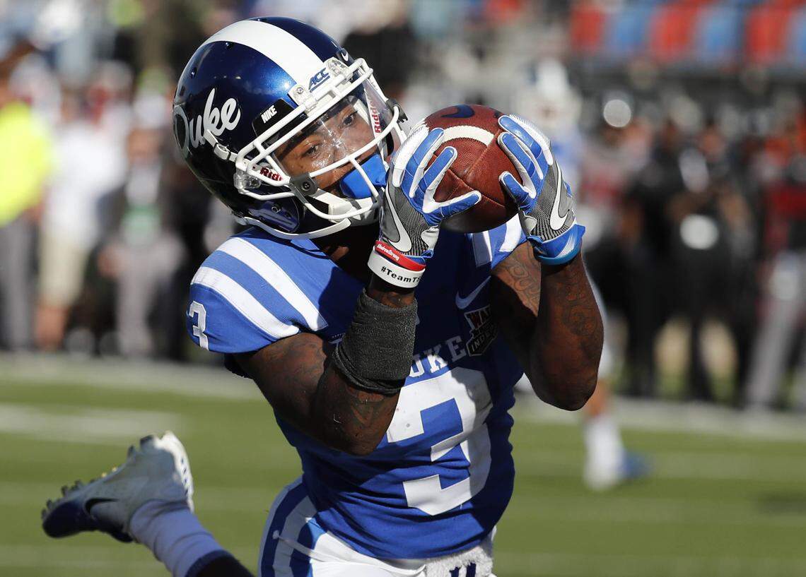 Duke wide receiver T.J. Rahming (3) hauls in a touchdown pass reception against Temple during the first half of the Independence Bowl Thursday, Dec. 27, 2018.