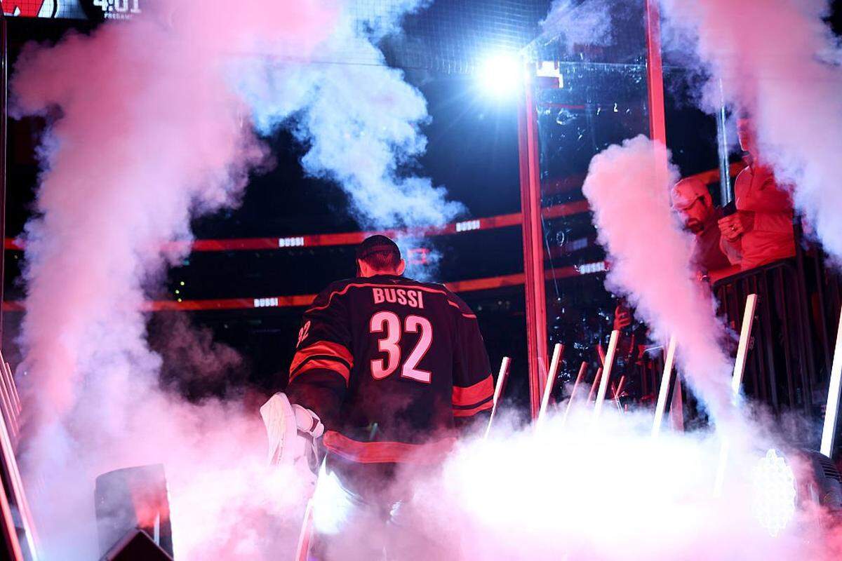 Brandon Bussi of the Carolina Hurricanes is introduced prior to the game against the New Jersey Devils at Lenovo Center on Oct. 9, 2025 in Raleigh, North Carolina.