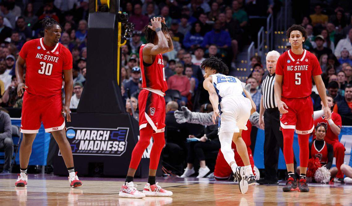 N.C. State’s Terquavion Smith (0) reacts after fouling Creighton during the first half of N.C. State’s game against Creighton in the first round of the NCAA Tournament at Ball Arena in Denver, Colo., Friday, March 17, 2023.
