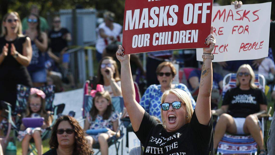 U.S. Rep. Madison Cawthorn addresses a group of demonstrators opposing a mask mandate outside the Johnston County Board of Education meeting on Tuesday, September 14, 2021 in Smithfield, N.C. Cawthorn came to urge the school district to end the face covering mandate for students.