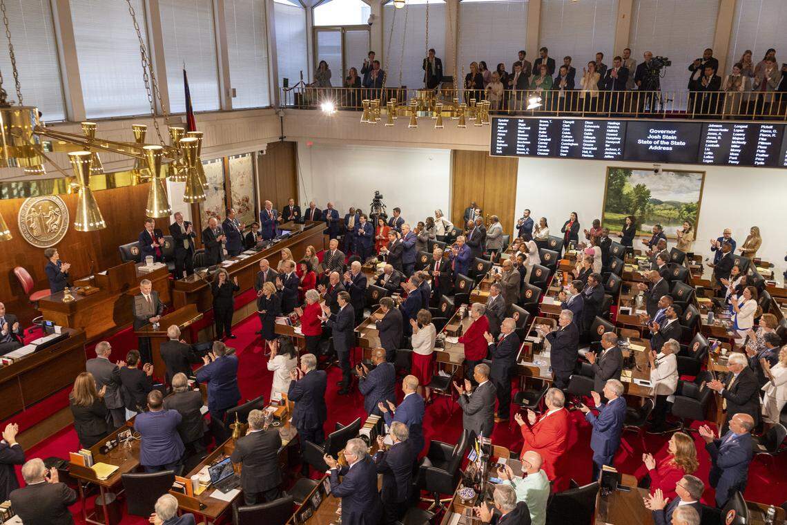Gov. Josh Stein delivers his State of the State address to a joint session of the General Assembly on Wednesday, March 12, 2025, in the House chamber of the Legislative Building.