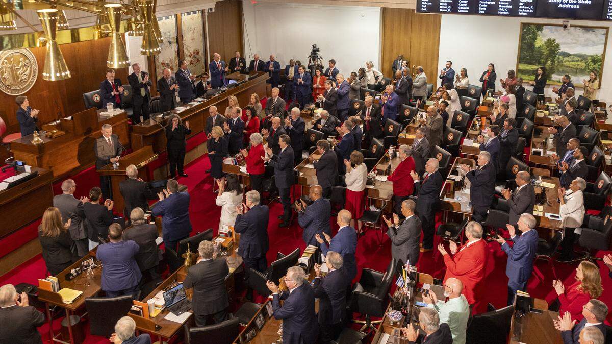 Gov. Josh Stein delivers his State of the State address to a joint session of the General Assembly on Wednesday, March 12, 2025, in the House chamber of the Legislative Building.