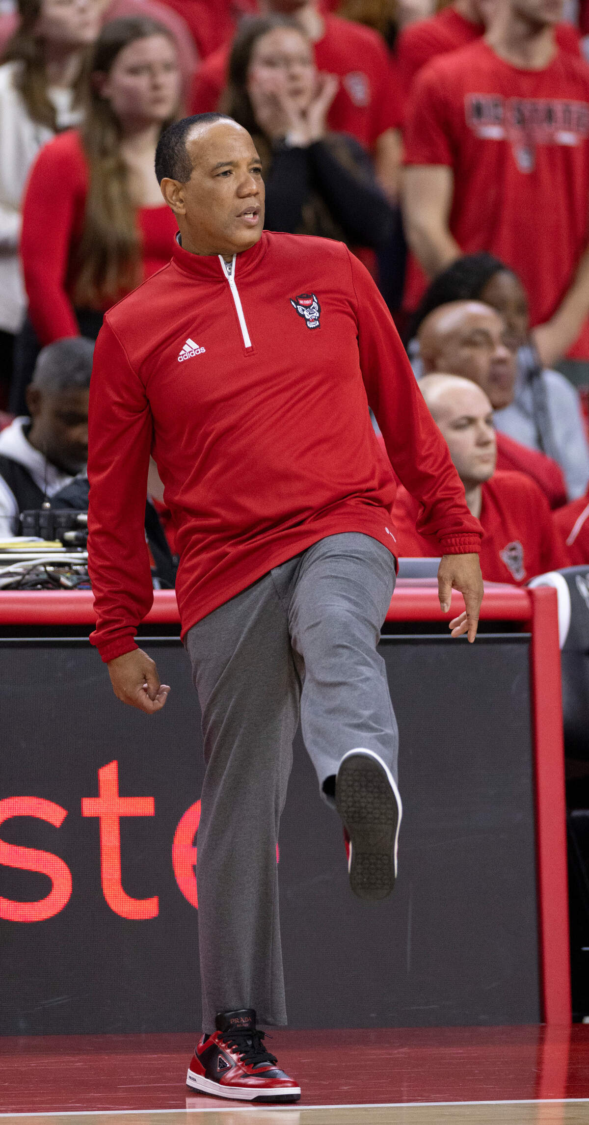 N.C. State coach Kevin Keatts reacts to a foul agains his team in the first half against North Carolina on Wednesday, January 10, 2024 at PNC Arena in Raleigh, N.C.