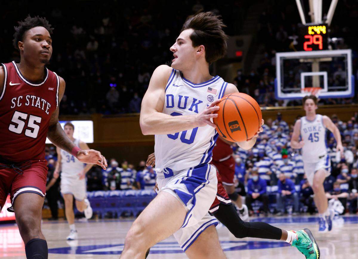 Duke’s Michael Savarino (30) heads to the basket during the second half of Duke’s 103-62 victory over S.C. State at Cameron Indoor Stadium in Durham, N.C., Tuesday, December 14, 2021.