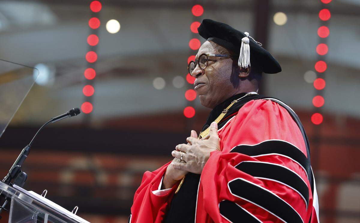 N.C. State Chancellor Kevin Howell speaks after he took the oath of office during his installation ceremony at Reynolds Coliseum in Raleigh, N.C. Thursday, Oct. 30, 2025.