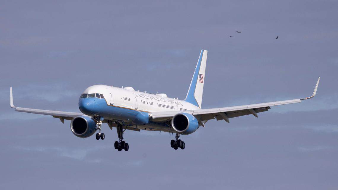 Vice President Kamala Harris arrives on Air Force 2 at Raleigh-Durham International Airport prior to a campaign rally at Coastal Credit Union Music Park at Walnut Creek in Raleigh on Wednesday, Oct. 30, 2024.