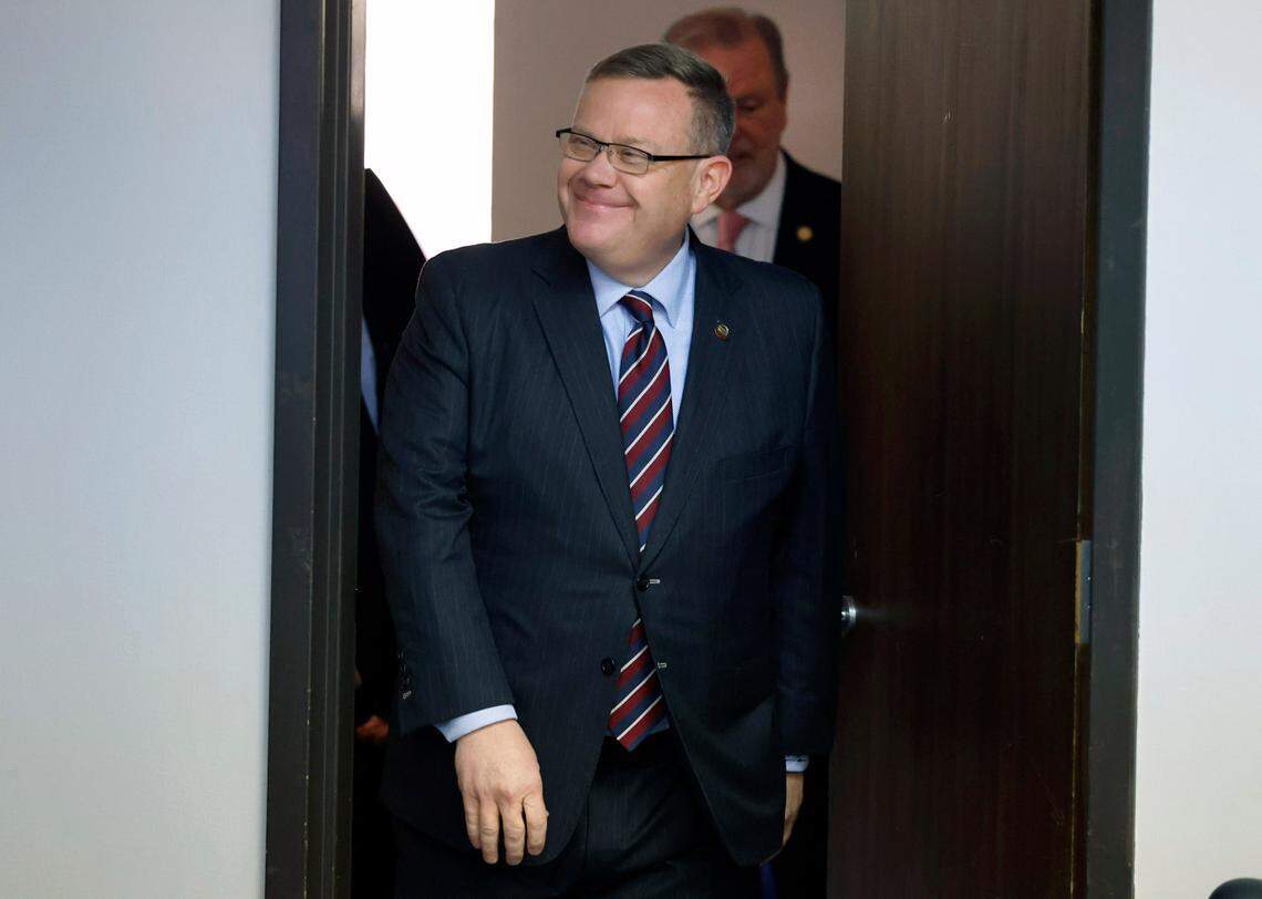 N.C. State House Speaker Tim Moore arrives for a press conference at the N.C. GOP headquarters in Raleigh, N.C. Wednesday, April 5, 2023. The press conference was to announce State Rep. Tricia Cotham is switching parties to become a member of the House Republican caucus.
