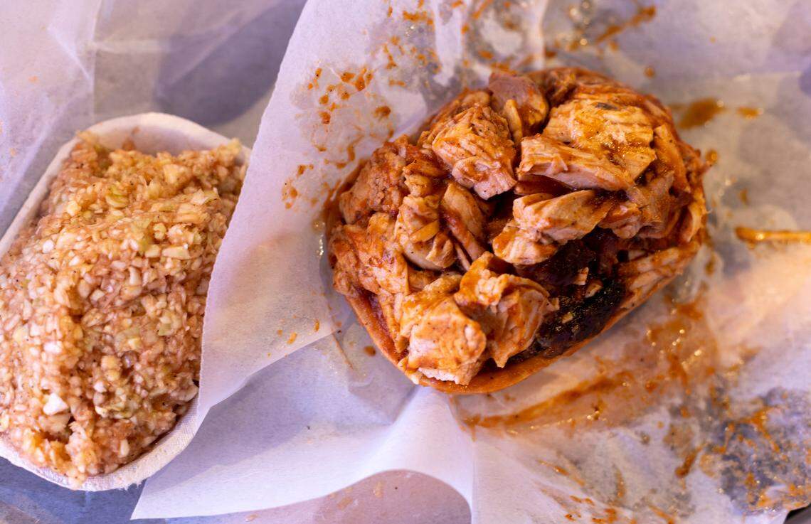 A course chopped barbecue tray with slaw from Speedy’s Barbecue on Tuesday, October 10, 2023 in Lexington, N.C.