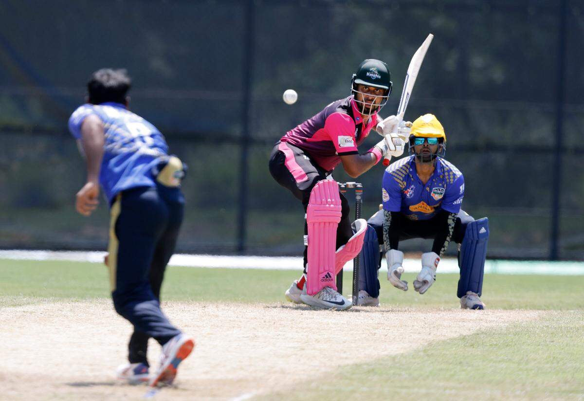 Morrisville’s opening batsman Ruvindu Gunasekaran prepares to hit the ball during a match between the Morrisville Cardinals and the Atlanta Param Veers during the inaugural Toyota Minor League Cricket Championship at Church Street Park in Morrisville, N.C., Sunday, August 8, 2021.