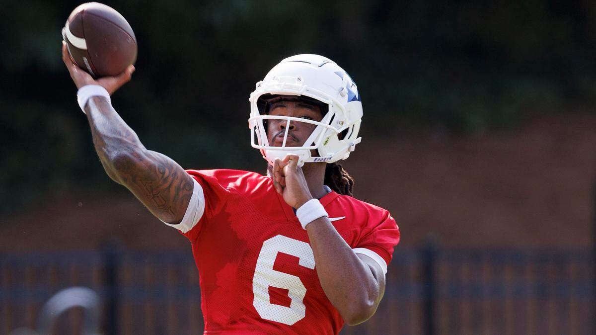 Duke quarterback Maalik Murphy throws a pass during practice on Wednesday, July 31, 2024, in Durham, N.C.