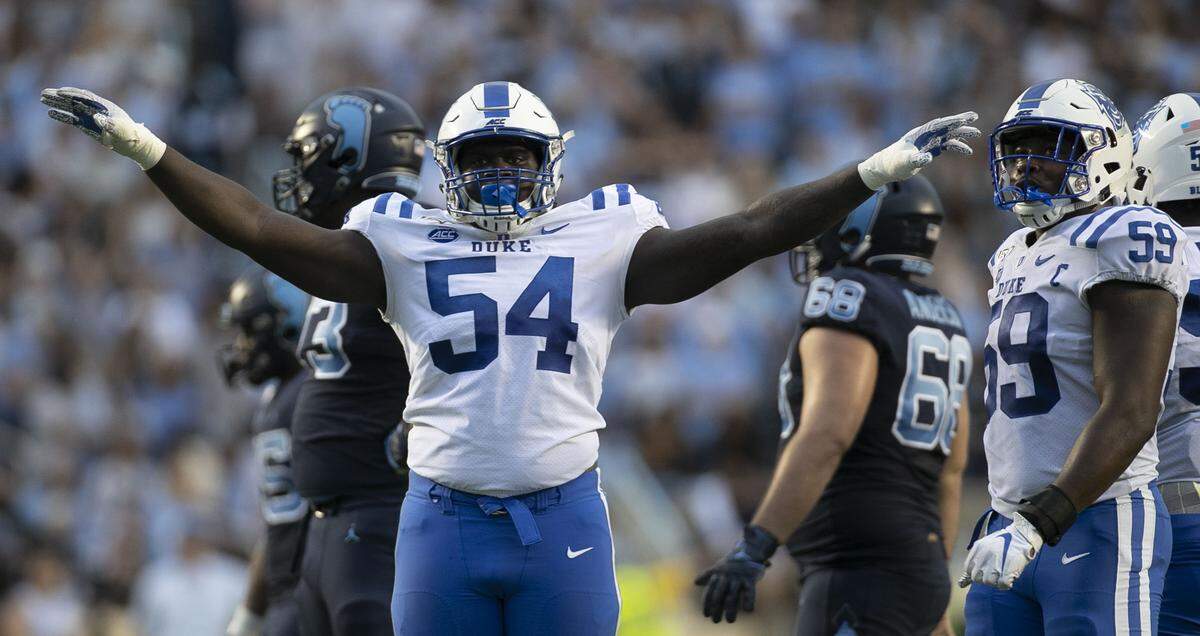 Duke’s Derrick Tangelo (54) reacts after a defensive stop of North Carolina on third down in the second quarter on Saturday, October 26, 2019 at Kenan Stadium in Chapel Hill, N.C.