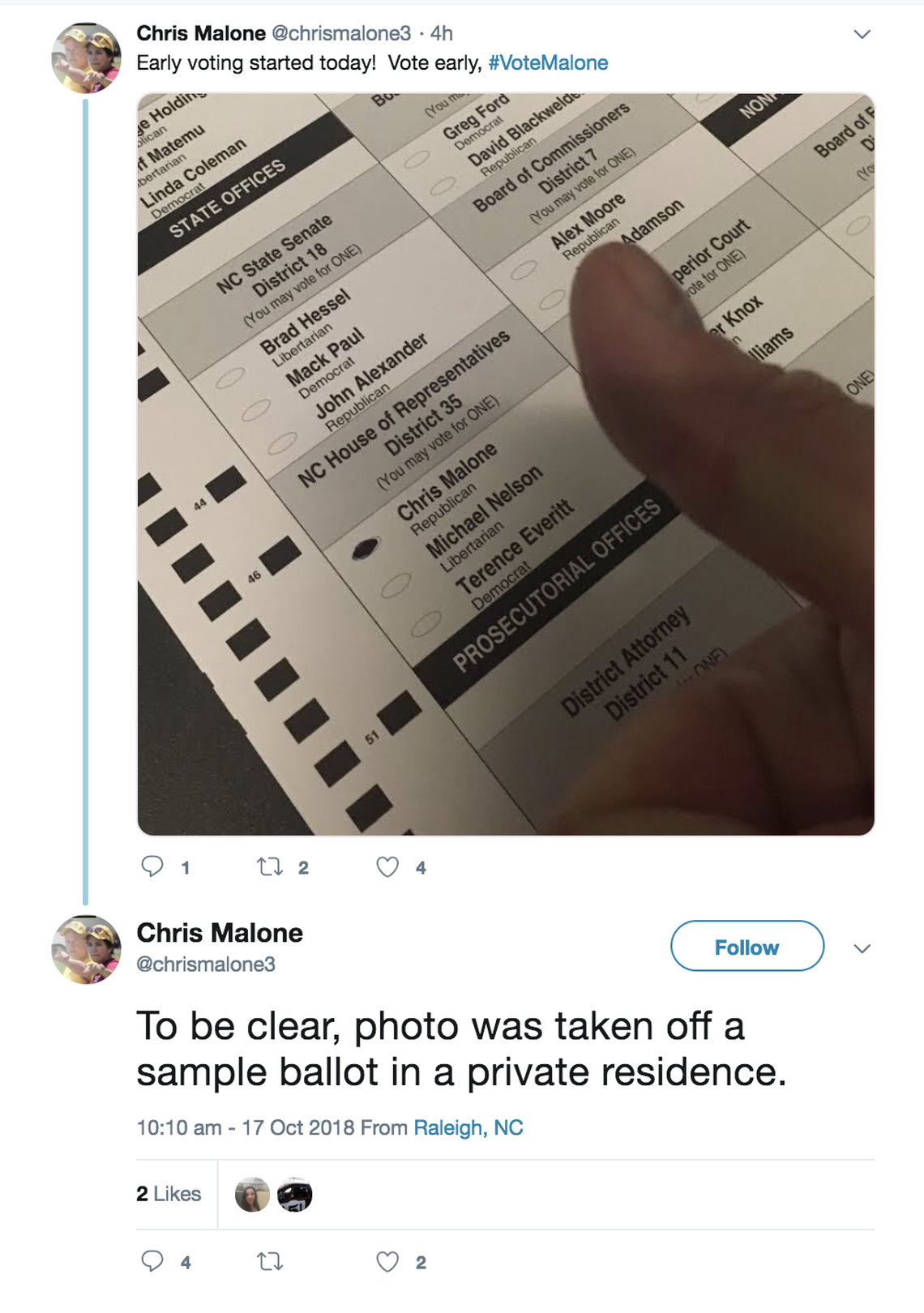 Rep. Chris Malone, a Wake County Republican, tweeted out a picture of a ballot.