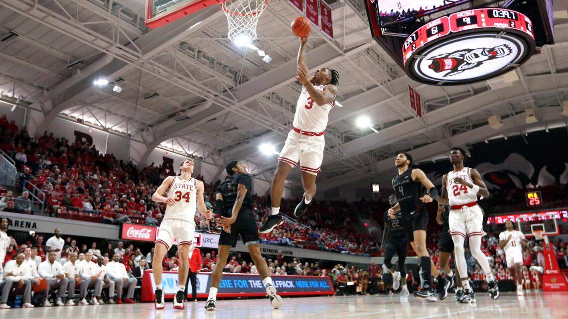 N.C. State’s MJ Rice (3) heads to slam in two during N.C. State’s 93-61 victory over Maryland Eastern Shore at Reynolds Coliseum in Raleigh, N.C., Wednesday, Dec. 6, 2023.