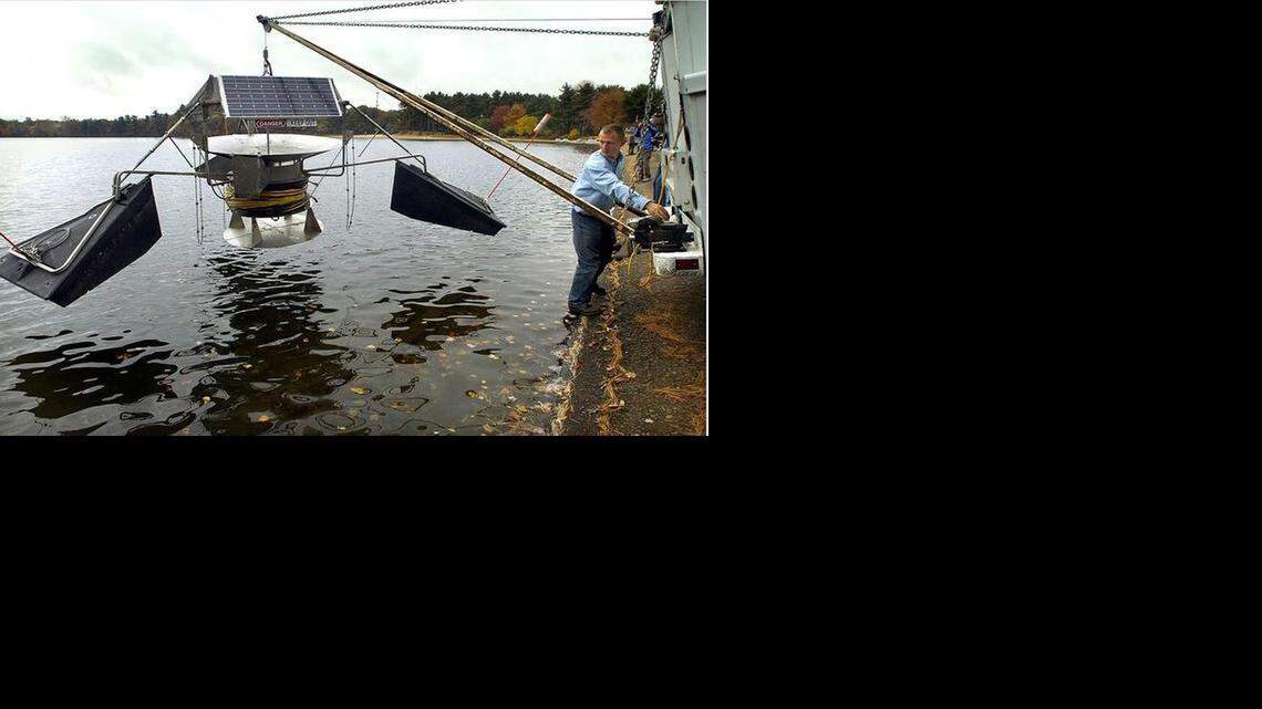  The SolarBee water circulator would be used to help reduce algae pollution in Jordan Lake.
