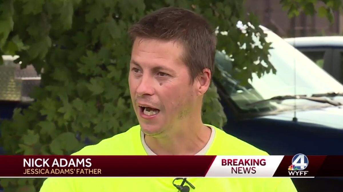 A screenshot of WYFF coverage interviewing Nick Adams, the father of teenager Jessica Adams who was killed in a DUI-related car crash in South Carolina.