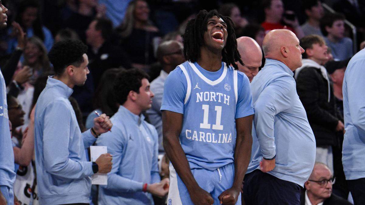 North Carolina Tar Heels guard Ian Jackson (11) reacts during the late moments of the second half against the UCLA Bruins at Madison Square Garden.
