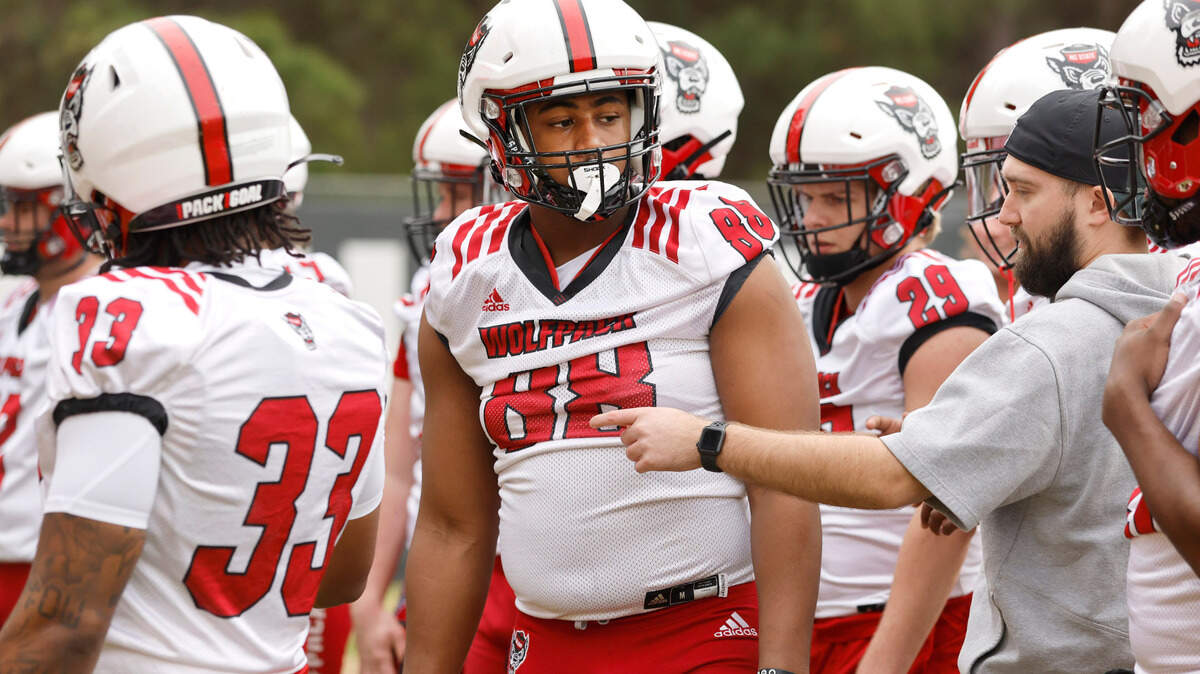 N.C. State defensive end Isaiah Shirley (88) listens to instructions during the Wolfpack’s first spring practice in Raleigh, N.C., Wednesday, March 1, 2023.