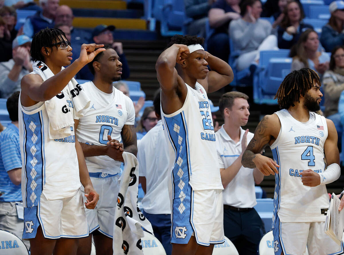 The North Carolina bench reacts late in the second half of the Tar Heels’ 93-67 win over La Salle on Saturday, Dec. 14, 2024, at the Smith Center in Chapel Hill, N.C.