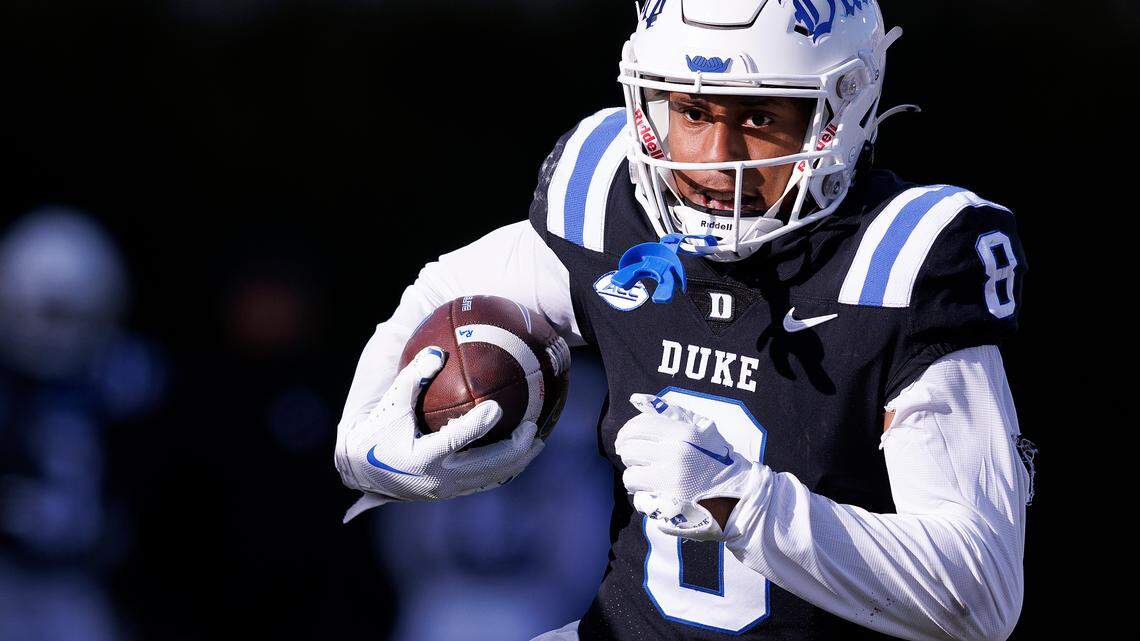 Duke’s Jordan Moore runs the ball during the second half of the Blue Devils’ 30-19 win over Pittsburgh on Saturday, Nov. 25, 2023, at Wallace Wade Stadium in Durham, N.C.