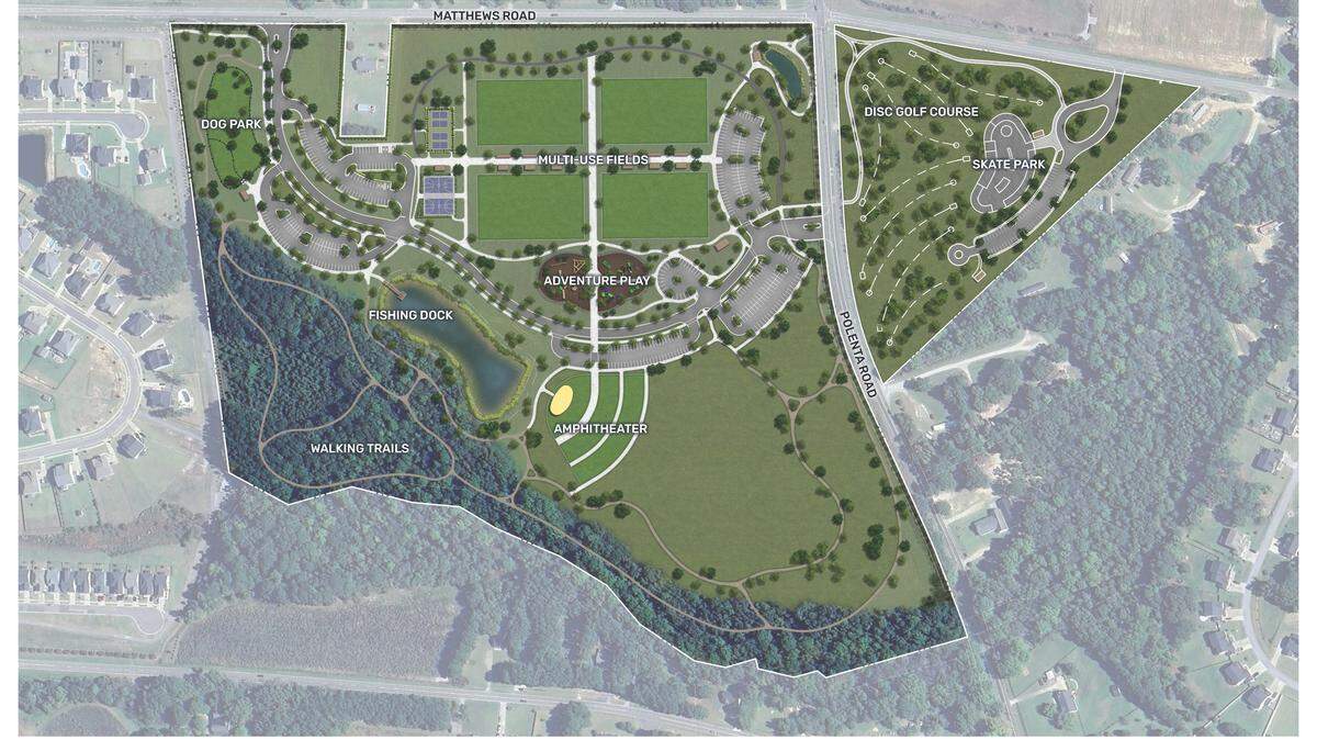 A rendering of the planned Johnston County Regional Park off Matthews and Polenta roads. Construction officially begins Dec. 5, 2025.