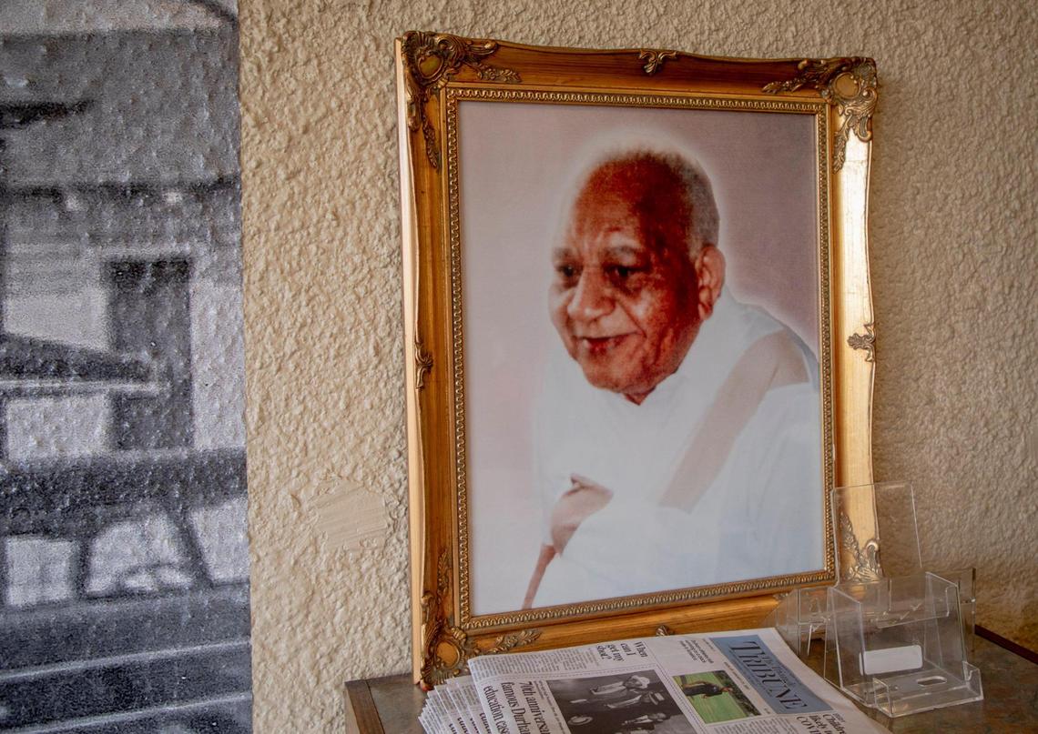 A photograph of the late Claiborne Tapp Jr., who founded the Chicken Hut with his wife Peggy in 1957, is displayed on the counter, on Thursday, Feb. 4, 2021, in Durham, N.C.