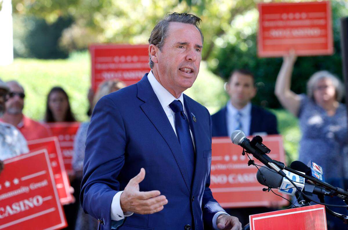 Mark Walker speaks during a press conference outside the N.C. Legislative Building on Sept. 5, 2023.