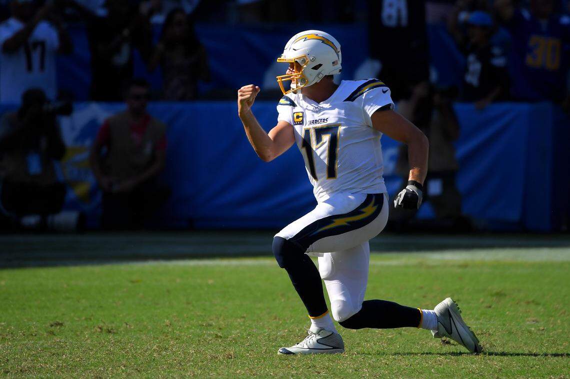 Los Angeles Chargers quarterback Philip Rivers celebrates after their overtime win against the Indianapolis Colts in an NFL football game Sunday, Sept. 8, 2019, in Carson, Calif.