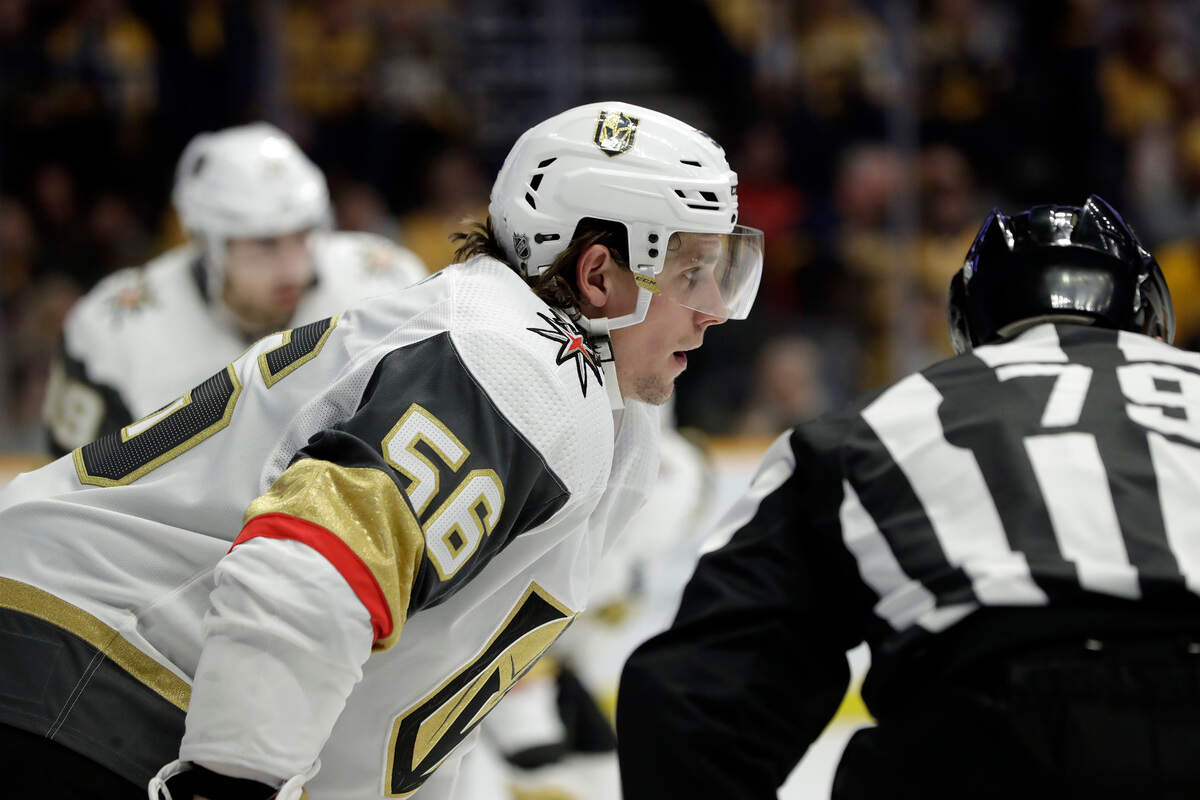 Vegas Golden Knights center Erik Haula (56), of Finland, plays against the Nashville Predators in the second period of an NHL hockey game Tuesday, Oct. 30, 2018, in Nashville, Tenn. (AP Photo/Mark Humphrey)