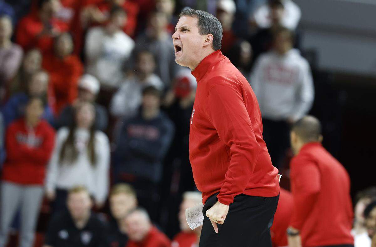N.C. State head coach Will Wade yells at his team in the first half of N.C. State’s game against Texas Southern at Reynolds Coliseum in Raleigh, N.C., Wednesday, Dec. 17, 2025.