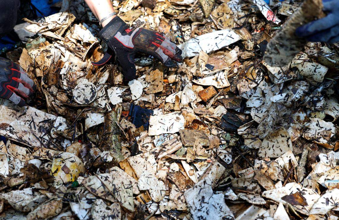 Madison Haley, plastics program assistant with the Haw River Assembly, goes through styrofoam pieces caught in a trash trap on the Third Fork Creek in Durham, N.C., Saturday, May 25, 2024. Styrofoam is far and away the most common item found in the trash trap.