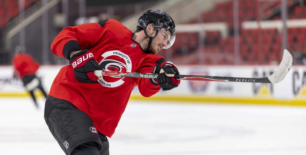 Carolina right wing Andrei Svechnikov (37) works on his shot during practice on Tuesday, May 12, 2026, at Lenovo Center in Raleigh, N.C.
