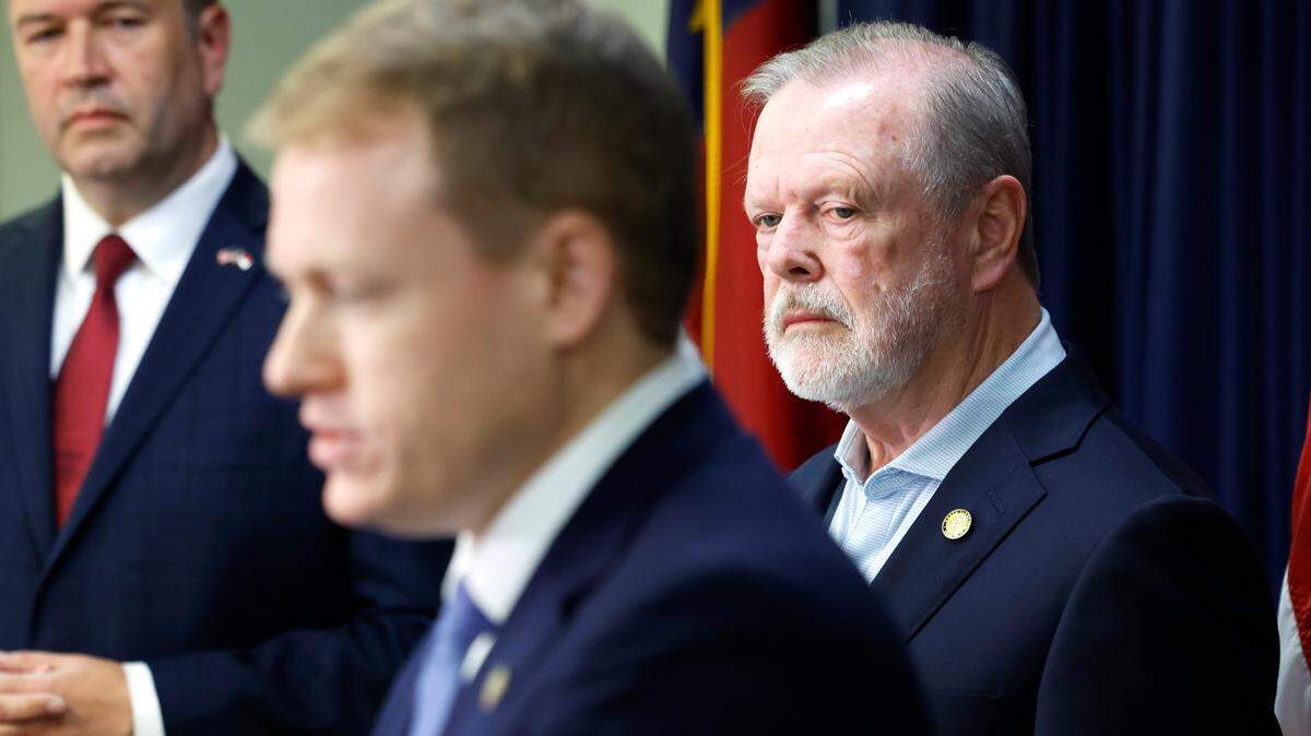 N.C. Senate leader Phil Berger looks on as Rep. Destin Hall speaks during a press conference at the N.C. Republican Party headquarters in Raleigh, N.C., Wednesday, Nov. 6, 2024.