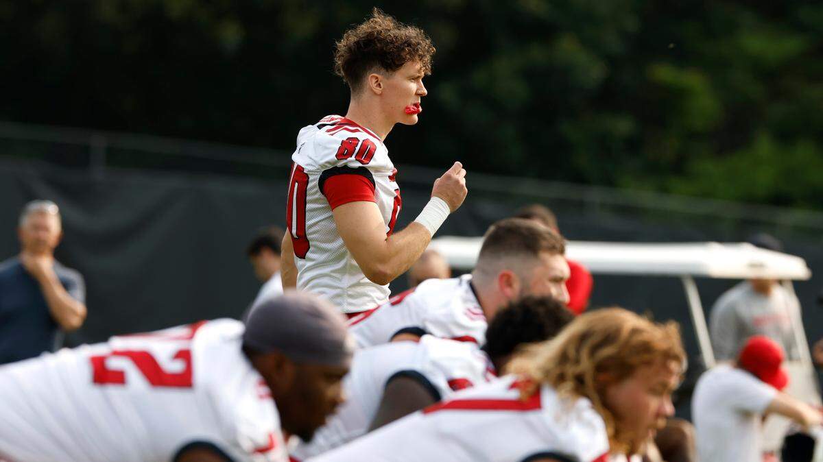 N.C. State wide receiver Bradley Rozner (80) prepares to run a drill during the Wolfpack’s first fall practice in Raleigh, N.C., Wednesday, August 2, 2023.