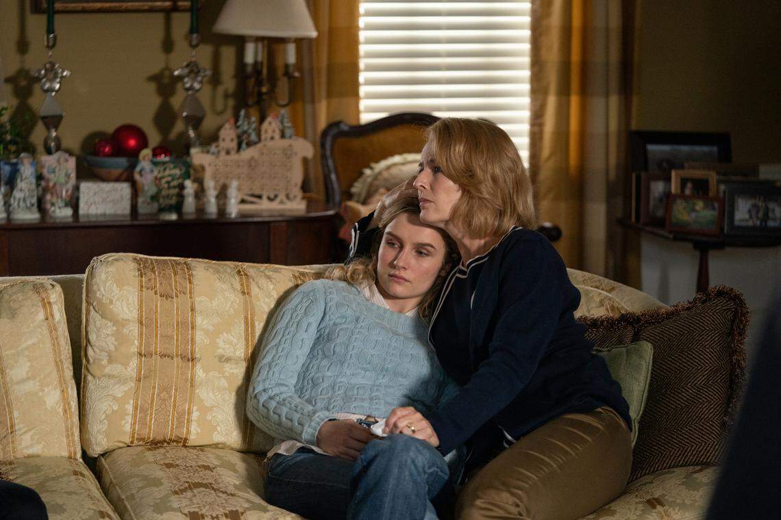 From the HBO limited series “The Staircase”: Olivia DeJonge as Caitlin Atwater and Rosemarie Dewitt as Candace Zamperini.