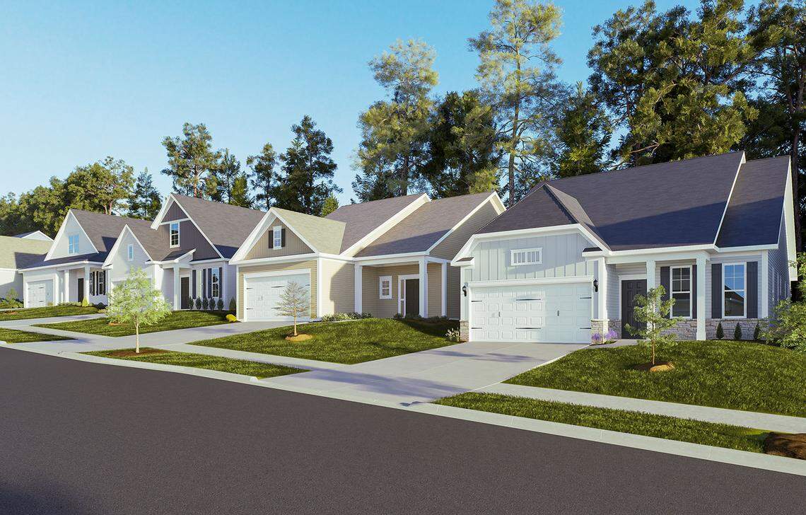 A rendering of single-family homes coming to Mungo Homes’ new 600-home Ovation at Sweetbrier subdivision in Southeast Durham.