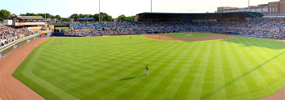 The Durham Bulls bat against the Gwinnett Stripers during a game on Saturday, July 3, 2021, at Durham Bulls Athletic Park in Durham, N.C.