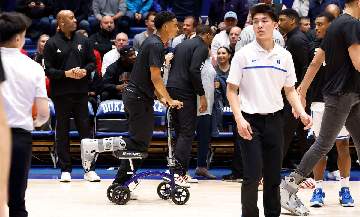 Duke’s Caleb Foster (1) heads to the Blue Devils bench before their game against Louisville at Cameron Indoor Stadium in Durham, N.C., Wednesday, Feb. 28, 2024.