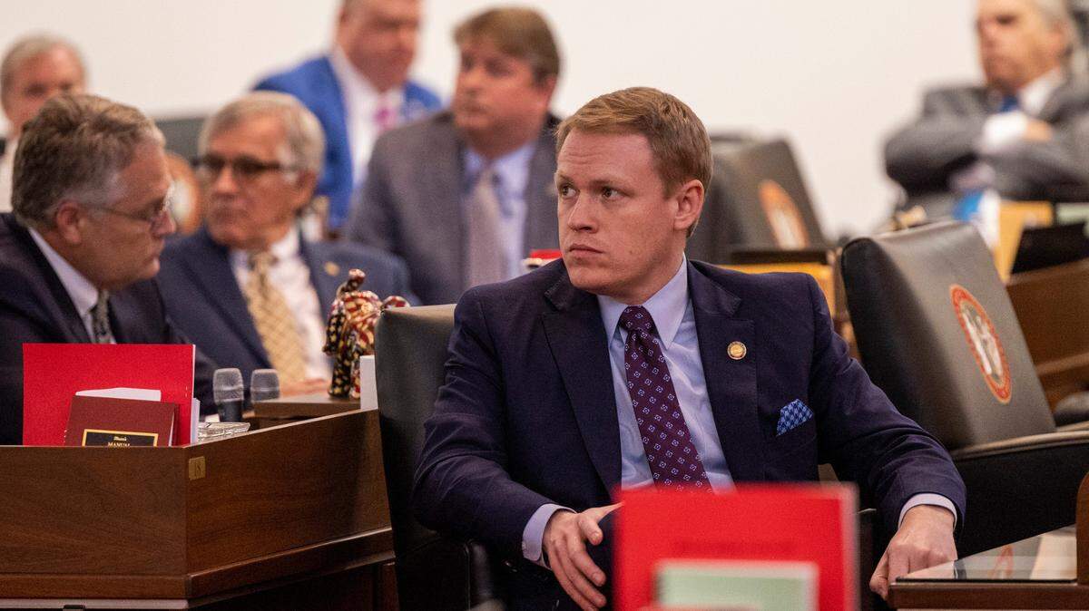 Rep. Destin Hall, a top GOP redistricting official, listens to debate on a bill that would further delay North Carolina’s 2022 primary elections. House Bill 605 passed the General Assembly and will head to Gov. Roy Cooper’s desk.