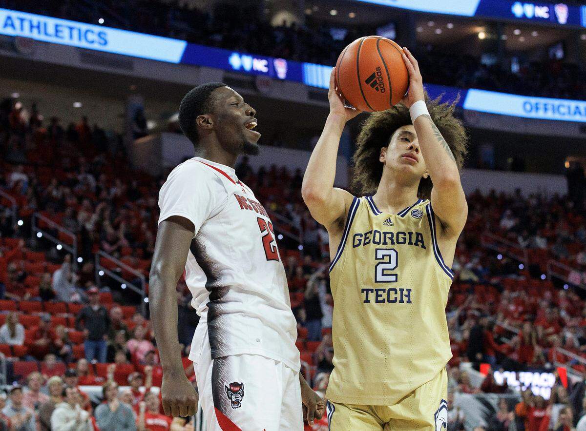 N.C. State’s Mohamed Diarra reacts after drawing a foul during the second half of the Wolfpack’s 82-76 win over Georgia Tech on Saturday, Feb. 3, 2024, at PNC Arena in Raleigh, N.C.