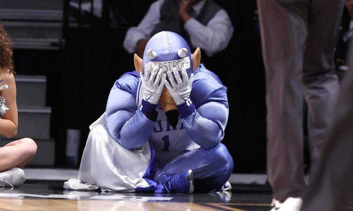 The Blue Devil reacts to a foul by Duke’s Jeremy Roach during the first half of Duke’s game against Vermont in the first round of the NCAA Tournament at the Barclays Center in Brooklyn, N.Y., Friday, March 22, 2024.
