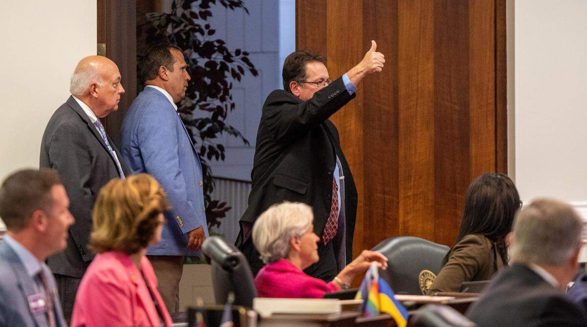 Sen. Kevin Corbin a Republican from Western, N.C., votes for an abortion restrictions bill that was up for a veto override vote on Tuesday, May 16, 2023, at the Legislative Building in Raleigh, N.C. Republicans have a veto-proof supermajority in the General Assembly, with the ability to overturn a veto from Democratic Gov. Roy Cooper.