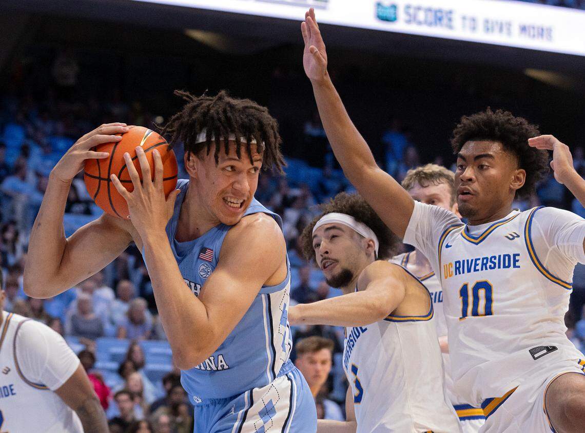 North Carolina’s James Okonkwo pulls down an offensive rebound during the second half of the Tar Heels’ 77-52 win over UC Riverside on Friday, Nov. 17, 2023, at the Smith Center in Chapel Hill, N.C.