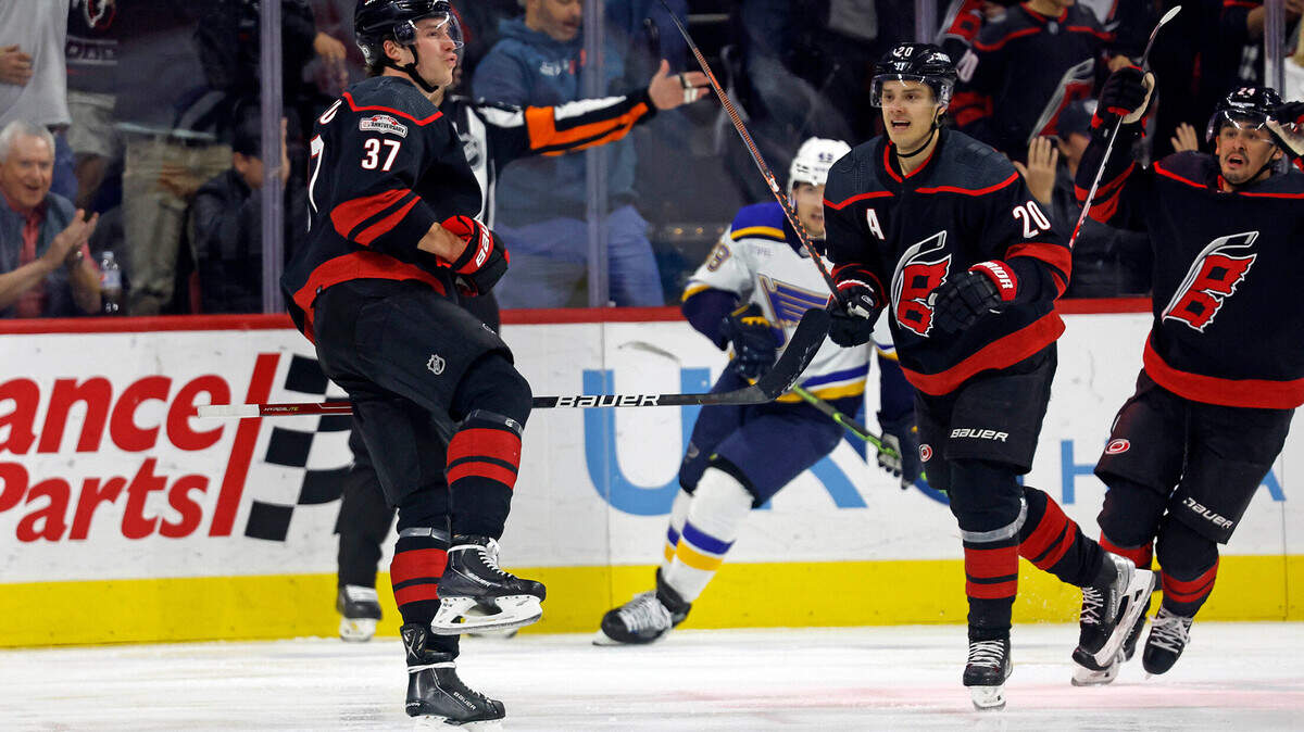 Carolina Hurricanes’ Andrei Svechnikov (37) celebrates his goal with teammate Carolina Hurricanes’ Sebastian Aho (20) during the first period of an NHL hockey game against the St. Louis Blues in Raleigh, N.C., Tuesday, Feb. 21, 2023. (AP Photo/Karl B DeBlaker)