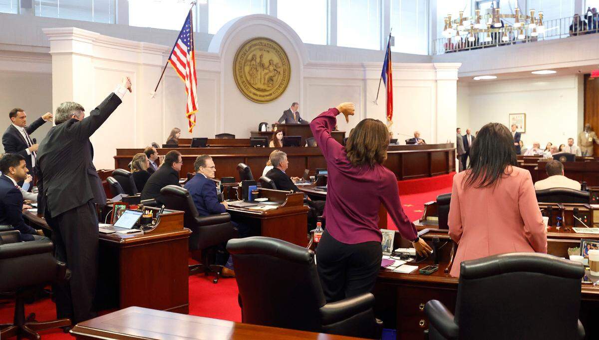 Democratic senators vote no as the Senate votes on and passes SB 20, the “Care for Women, Children, and Families Act,” at the N.C. Legislative Building in Raleigh, N.C. Thursday, May 4, 2023.