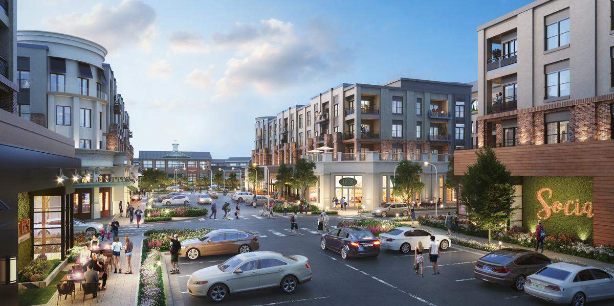 A rendering of Flowers Plantation’s town center in its new Waterfront District.