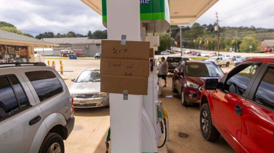 Dozens of vehicles wait in line for gas in Clyde on Saturday, Sept. 28, 2024 as the remnants of Hurricane Helene caused flooding, downed trees, and power outages in western North Carolina.