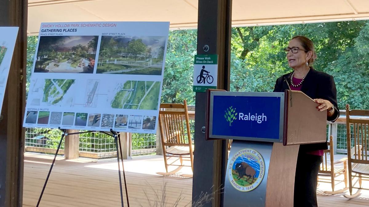US Department of the Interior Secretary Deb Haaland discussed federal investment in three Wake County parks Tuesday at the Walnut Creek Wetlands Park. Haaland said Interior is trying to make access to parks more equitable.
