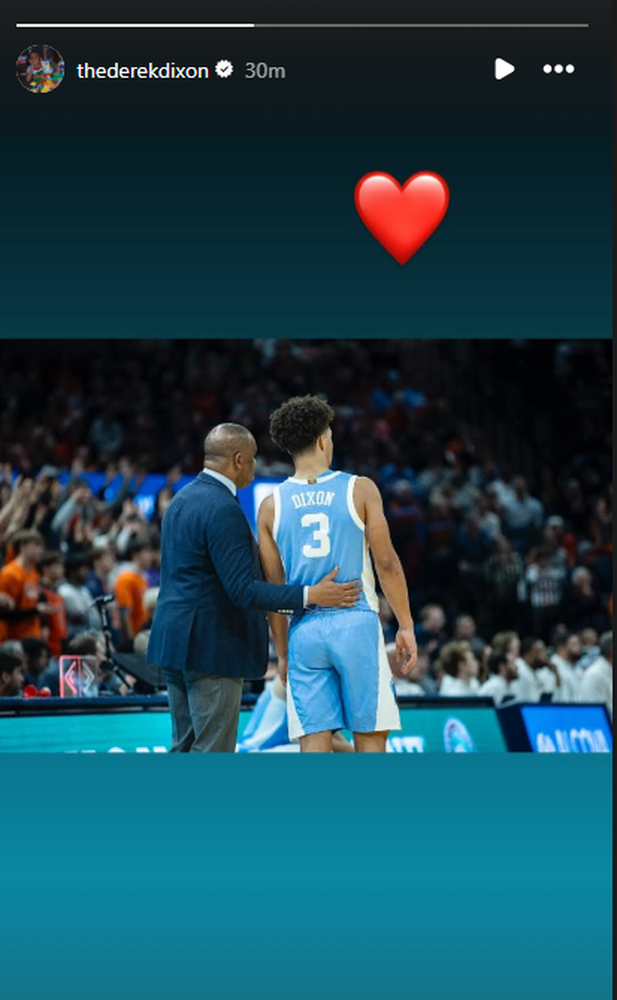 UNC basketball player Derek Dixon posted a photo on his Instagram stories in support of coach Hubert Davis March 24, 2026, after Davis was let go as coach of the Tar Heels.